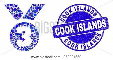 Geometric Third Place Award Mosaic Pictogram And Cook Islands Stamp. Blue Vector Rounded Grunge Stam