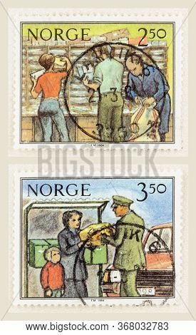 Seattle Washington - May 23, 2020:  Close Up Of Norwegian Stamps From The Working And Postal Life Se