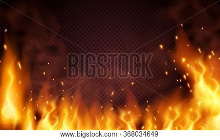 Wall Of Fire. Burning Red Hot Sparks Fly From Large Fire In The Night Sky. Vector Template With Flam