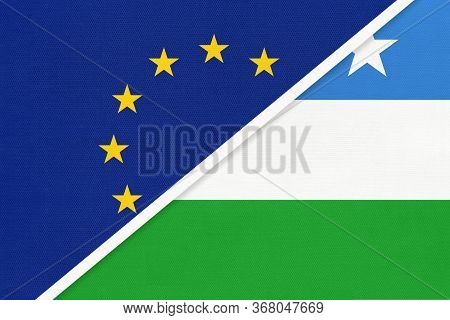 European Union Or Eu And Puntland State Of Somalia National Flag From Textile. Symbol Of The Council