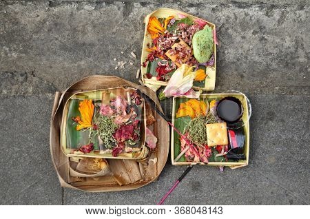 Sacrificial Offering Set Balinese And Indonesian Style Rite Offer To Deity Angel God Of Hindu In Anc