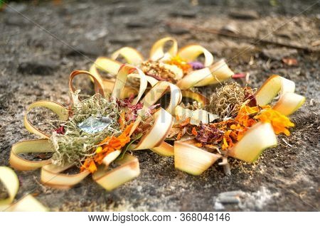 Sacrificial Offering Set Balinese And Indonesian Style Rite Offer To Deity Angel God Of Hindu In Anc