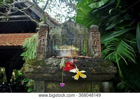 Sacrificial Offering Set Balinese And Indonesian Style Rite Offer To Deity Angel God Of Hindu In Anc