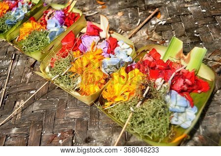 Sacrificial Offering Set Balinese And Indonesian Style Rite Offer To Deity Angel God Of Water In Sea