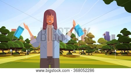 Woman Holding Medical Mask Coronavirus Win Defeated Covid-19 Girl Celebrating Victory Over Ncov Viru