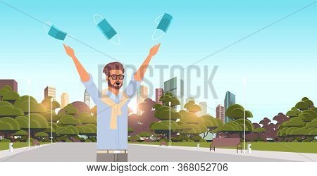 Man Throwing Medical Masks Coronavirus Win Defeated Covid-19 Guy Celebrating Victory Over Ncov Virus