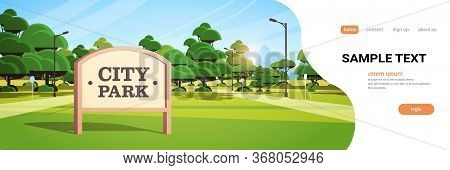 Sign Board In City Park Beautiful Summer Day Skyline Skyskraper Buildings Sunrise Cityscape Backgrou