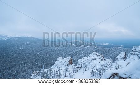 Snow-capped Peaks Of Taganai National Park Located In The South Urals In Russia.