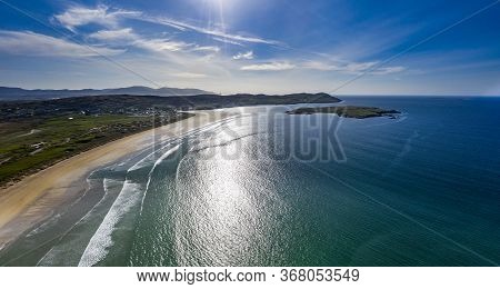 Aerial View Of The Awarded Narin Beach By Portnoo And Inishkeel Island In County Donegal, Ireland Du