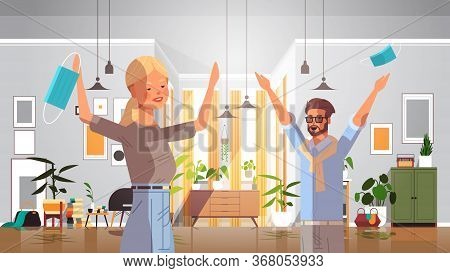 People Throwing Medical Masks Coronavirus Win Defeated Covid-19 Men Women Celebrating Victory Over N