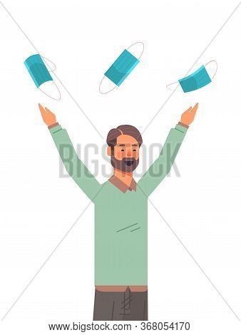 Man Throwing Medical Masks Coronavirus Win Defeated Covid-19 Guy Celebrating Victory Over Ncov Virus
