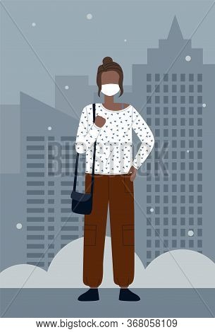 Vector Illustration Of Young Black Afro Woman Wearing Face Medical Mask Standing At City Background.
