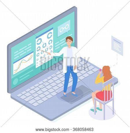 Isometric Illustration In Flat Style. Patient Checking Vision In Virtual Medical Cabinet In Oculist 