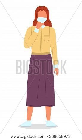 Young Woman Wearing Face Medical Mask Standing At White Background. Viral Pandemic. Coronavirus 2019
