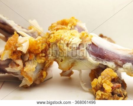 Chicken Bones Close-up, Food Scraps. Close-up Of Chicken Bones.