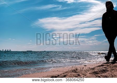 Seascape. Sandy Beach On The Sea On A Sunny Day With Beautiful Clouds.