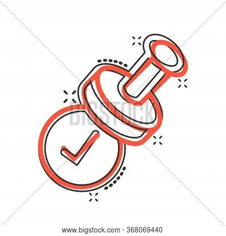 Approve Stamp Icon In Comic Style. Accept Check Mark Cartoon Vector Illustration On White Isolated B