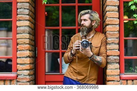 Will You Pose For Me. Photographer Hold Retro Camera. Journalist Is My Career. Reporter Make Photo. 