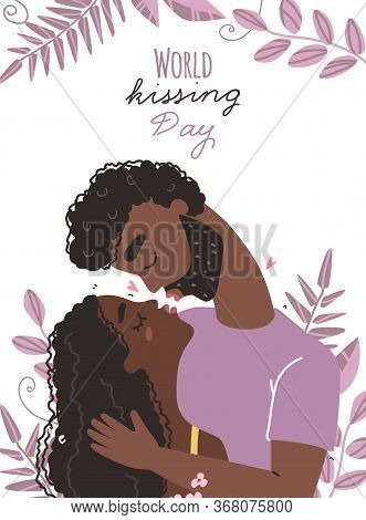 World Kissing Day. Romantic Black African American Couple In Love Kissing.