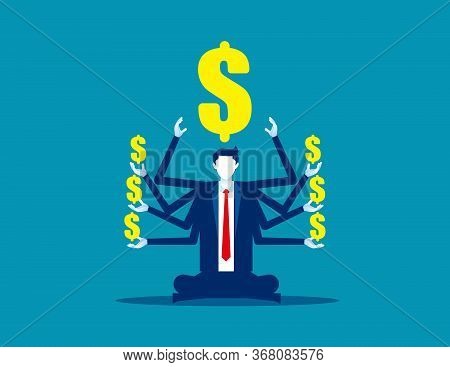 Man Sitting In Meditation With Money Symbol. Business Financial Concept. Flat Cartoon Vector Illustr
