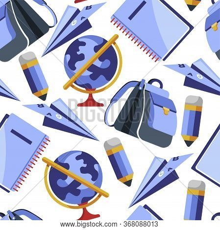 School Stationery Supplies, Notebook And Pencils Seamless Pattern