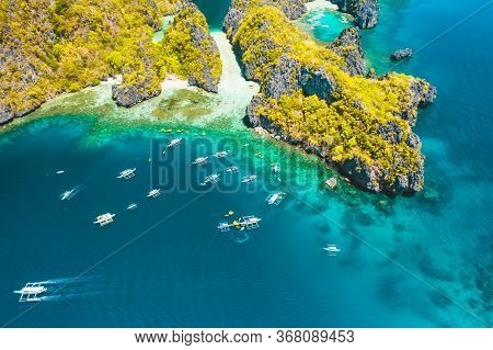 Palawan, Philippines Aerial View Of Entrance To Big Lagoon. Natural Scenery Of Tropical Miniloc Isla