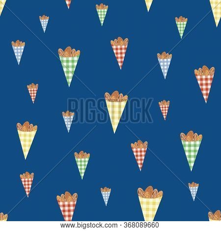Vector Roasted Almond Nuts In Multicolor Gingham Paper Bags Seamless Pattern Background. Brown Oval 