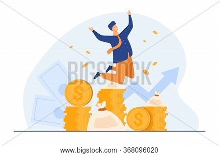Happy Rich Banker Celebrating Income Growth. Broker Enjoying Success In Stock Market Trading. Flat V
