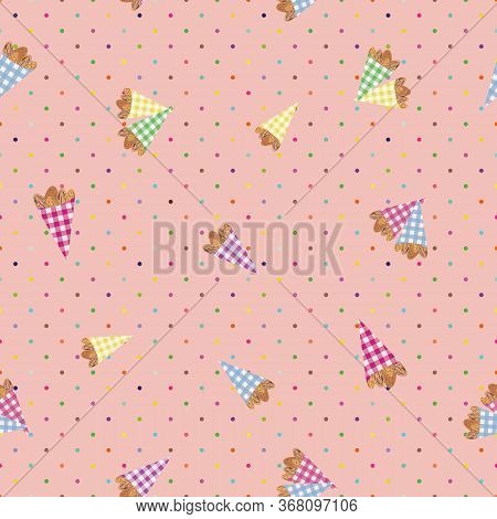 Pairs Of Roasted Almond Nuts In Cute Gingham Paper Bags Vector Seamless Pattern Background. Oval Ker