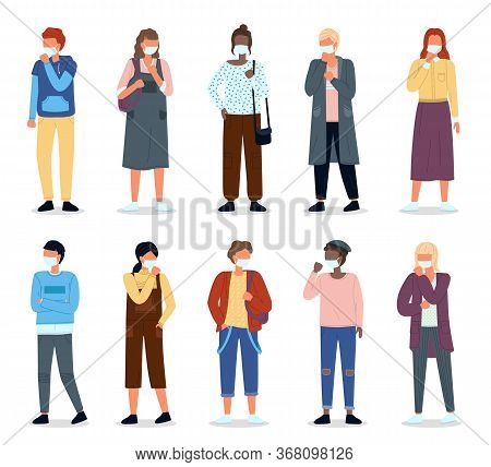Multinational Women And Man Wearing Face Medical Masks. Viral Pandemia. People In Protective Masks A