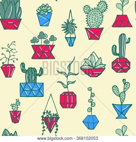 Doodle Plant In Faceted Pot Seamless Pattern. Hand Drawn Leaves, Succulents And Cactus With Poly Red