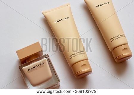 Grodno, Belarus - 05.25.2020: Close-up Set Of Narciso Rodriguez Poudree Eau De Parfum, Cream Shower 