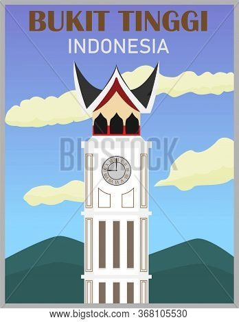 Illustration Vector Design Of Retro And Vintage Poster Of Clock Tower (one Of Landmarks From Indones