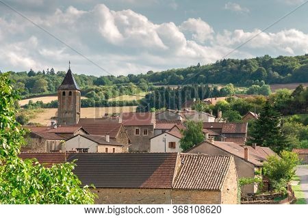 View Of Small Town Of Bourgogne In France. Village Landscape With Old Living Houses With Red Tile Ro