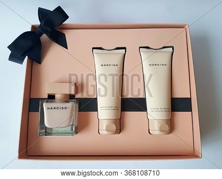 Grodno, Belarus - 05.25.2020: Close-up Set Of Narciso Rodriguez Poudree Eau De Parfum, Cream Shower 