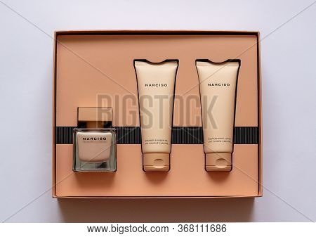 Grodno, Belarus-05.25.2020: Close-up Of Narciso Rodriguez Poudree Eau De Parfum, Shower Gel Cream.