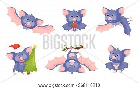 Funny Bat With Membranous Wings Flying And Carrying Fir Tree Vector Set