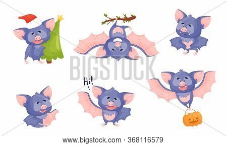 Funny Bat With Membranous Wings Flying And Carrying Fir Tree Vector Set