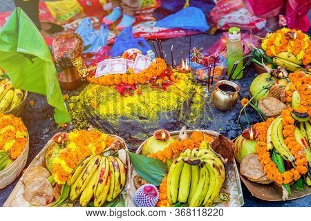 Closeup Of Various Objects With Fruits And Vegetables Offered To God At A Religious Festival Chhath 