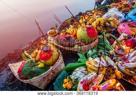 Closeup Of Various Objects With Fruits And Vegetables Offered To God At A Religious Festival Chhath 