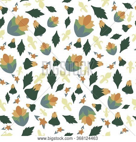 Yellow Flowers Green Leaves On A White Background. Abstract Summer Floral Seamless Pattern. Can Be U