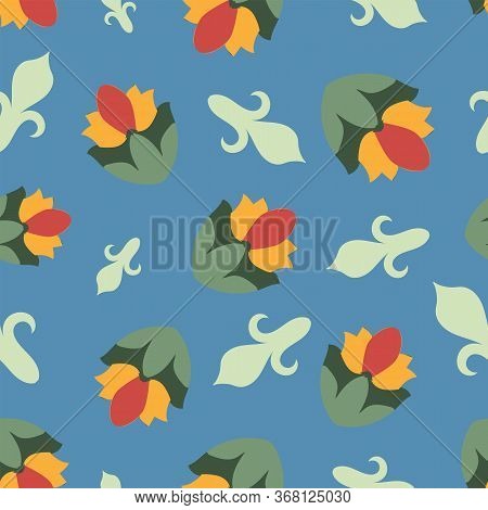 Abstract Decorative Flowers Ornament, Seamless Pattern. Bright Paints Painted On A Blue Background. 
