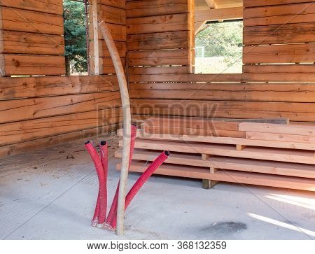 Wooden Family House Building According  Traditional Style, Wooden Structure On A New Development Fra