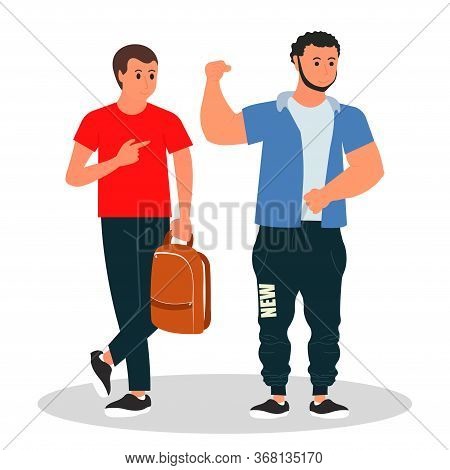 Diverse College Or University Students. One Of The Student Shows How Strong His Friend Is. Vector Il