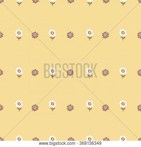 Tiny Flowers On Yellow Background. Seamless Tiny Vintage Flower Pattern. Repeating Flowers On A Yell