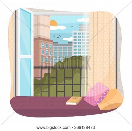 Illustration Of A Window With A View Of The Tall Buildings. Opened Window And Cities Landscape Look.