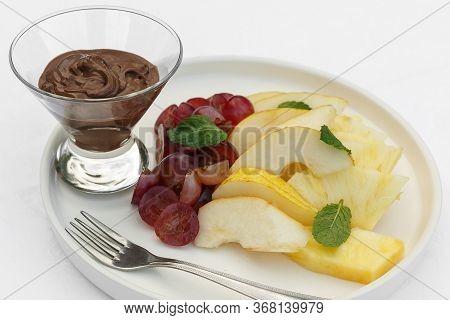 Mousse Au Chocolat With Fruits On White Background
