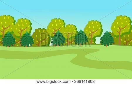 Spring Or Summer Season Cartoon Country Landscape With Green Fields, Road Leading Along The Forest. 
