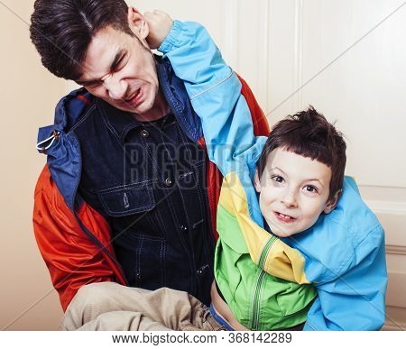 Faher And Son Together Having Fun At Home, Lifestyle Happy Family, People At Home
