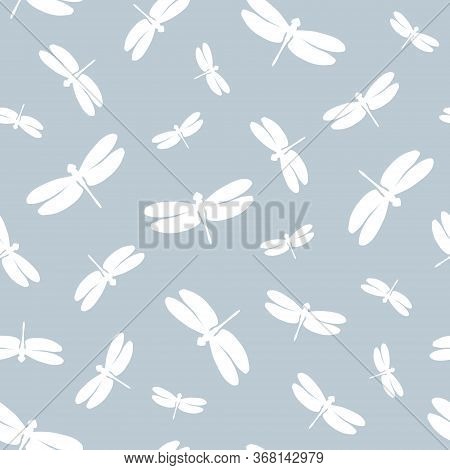 Seamless Pattern With Dragonflies Silhouette. White Elements On A Gray Background. Stock Vector Illu